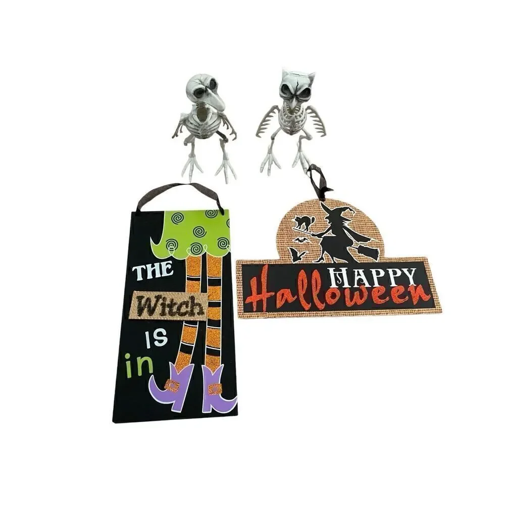 4 Pc Halloween Decorations Hanging Wall Signs Skeletons Spooky